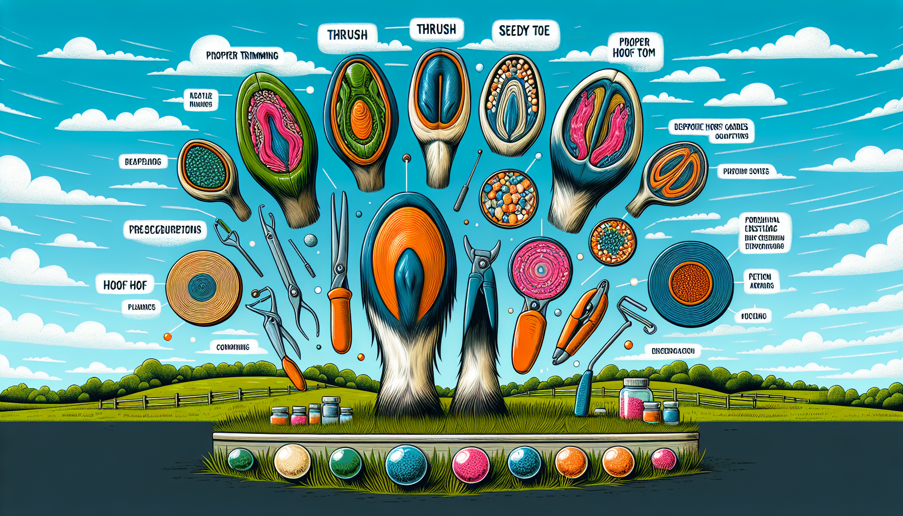 Illustration showcasing common hoof problems and their solutions.