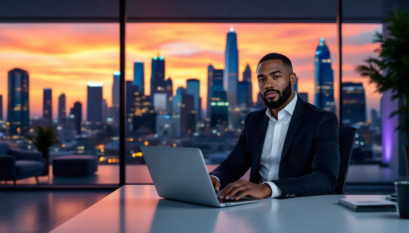 An IT professional providing support services to a client in a modern office.