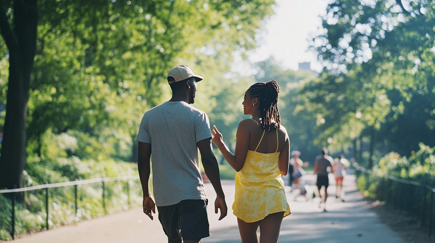 Black couple walking through Prospect Park reflecting on couples therapy research and the divorce process