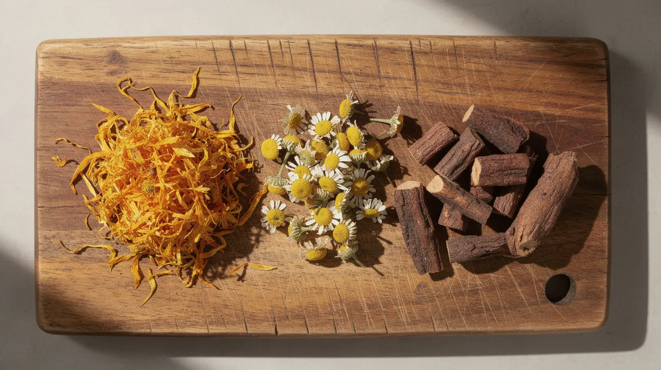The image shows dried calendula petals, chamomile flowers, and pieces of madder root meticulously arranged on a wooden cutting board, showcasing the vibrant colors and textures of these natural ingredients often used in soap making. These dried herbs are ideal for creating infused oils that enhance the beneficial properties of handmade soap recipes.