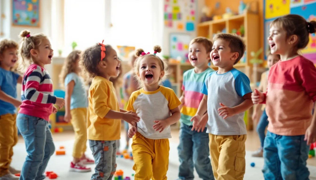 In einer lebhaften Kindergartenumgebung singen und tanzen kleine Kinder fröhlich zu einem beliebten Kinderlied, während sie die Bewegungen des "aram sam sam" nachahmen. Die Kinder zeigen ihre Freude und Begeisterung, indem sie mit ihren Händen und Füßen im Takt der Musik mitmachen.