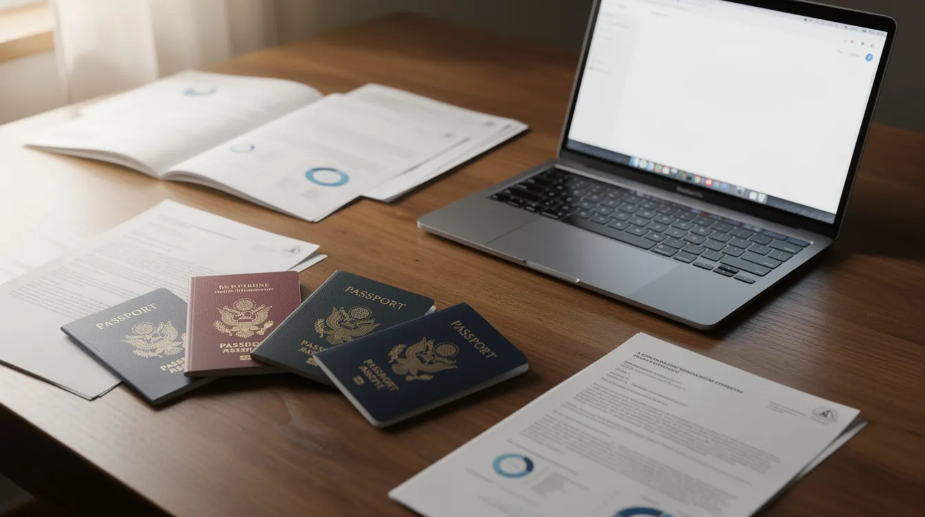 The image shows a wooden desk neatly arranged with multiple passports, various documents, and a laptop, suggesting an organized setting for a visa application process. This scene may represent the necessary paperwork and technology used by applicants seeking an Irish visa through the Dublin visa office or the Irish embassy.