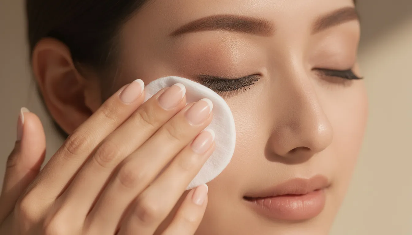 A person is gently pressing a white cotton pad against their closed eye, using an eye makeup remover to effectively remove stubborn eye makeup. The scene suggests a careful approach to makeup removal, ideal for sensitive skin and those wearing waterproof mascara.