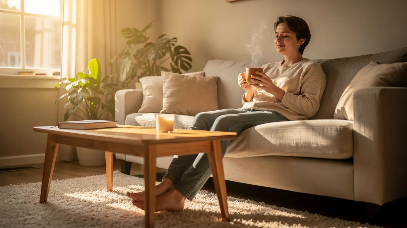 A person sits calmly on a couch in a sunlit living room, holding a warm mug and appearing relaxed, suggesting a moment of stress relief. This scene captures the essence of finding the ideal CBD dosage for anxiety management, as the individual enjoys a peaceful moment in their space.