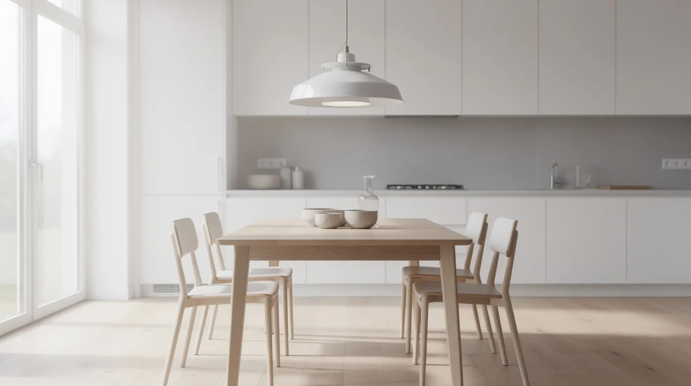 En skandinavisk pendel från Louis Poulsen hänger elegant över ett ljust matbord i ett modernt kök, vilket skapar en stilren belysning och en inbjudande atmosfär. Lampan bidrar till rummets design och ger ett behagligt ljus för måltider och samvaro.