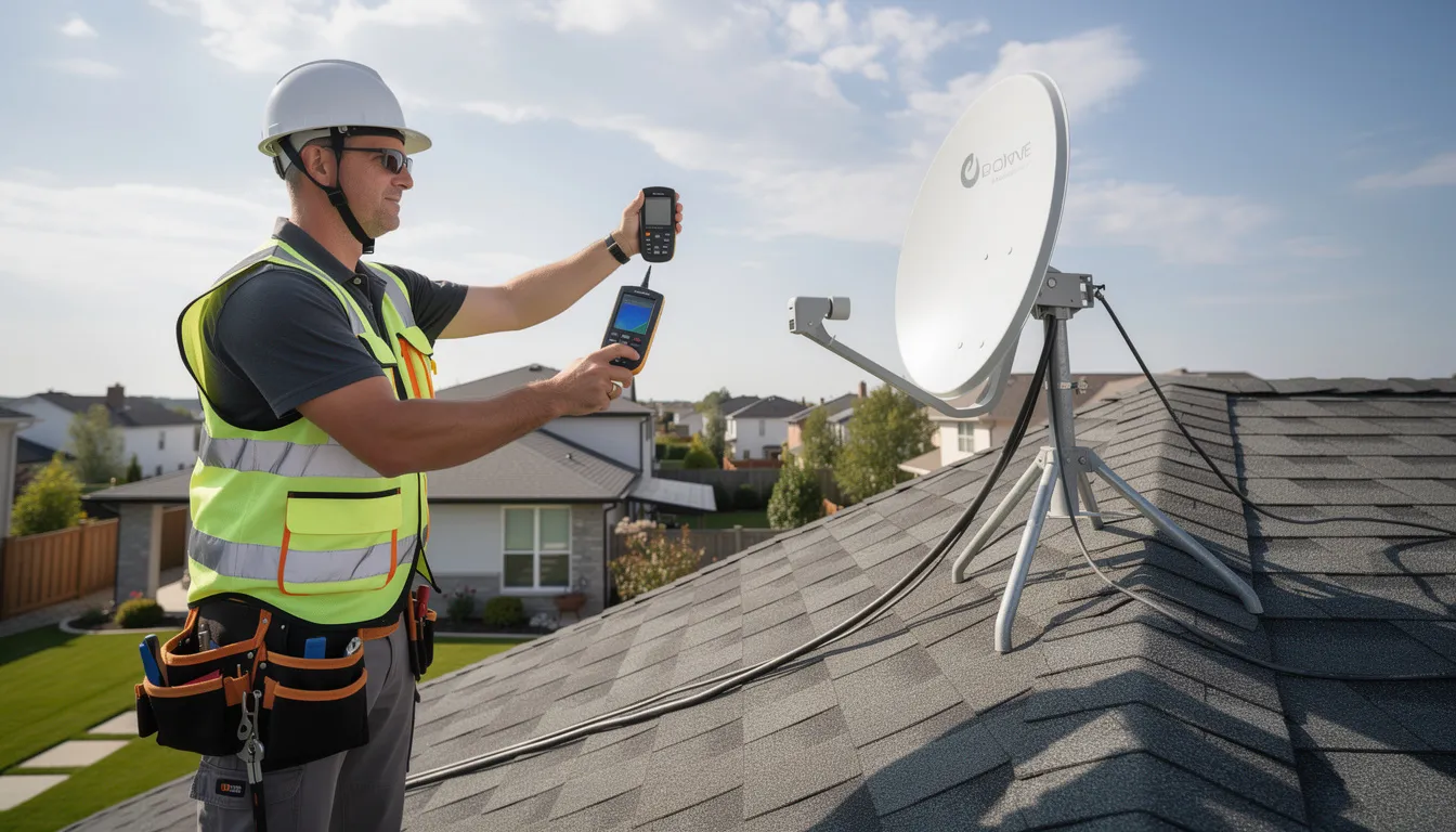 A professional installer is seen adjusting a satellite dish on a residential rooftop, using a signal meter device to ensure optimal alignment for crystal clear viewing. This scene represents the skilled installation services provided by accredited DSTV installers in Great Brak River, highlighting the importance of proper DSTV dish installation for reliable service.