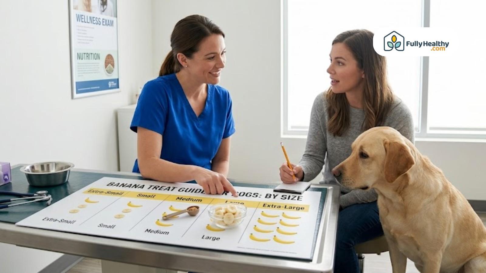 Veterinarian advising woman using banana treat guide chart with dog present