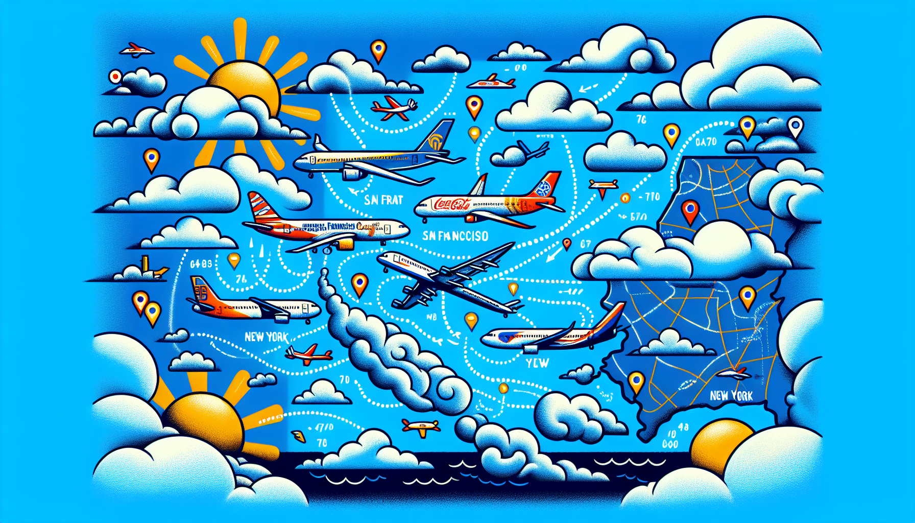 Illustration of various airlines operating between San Francisco and New York.