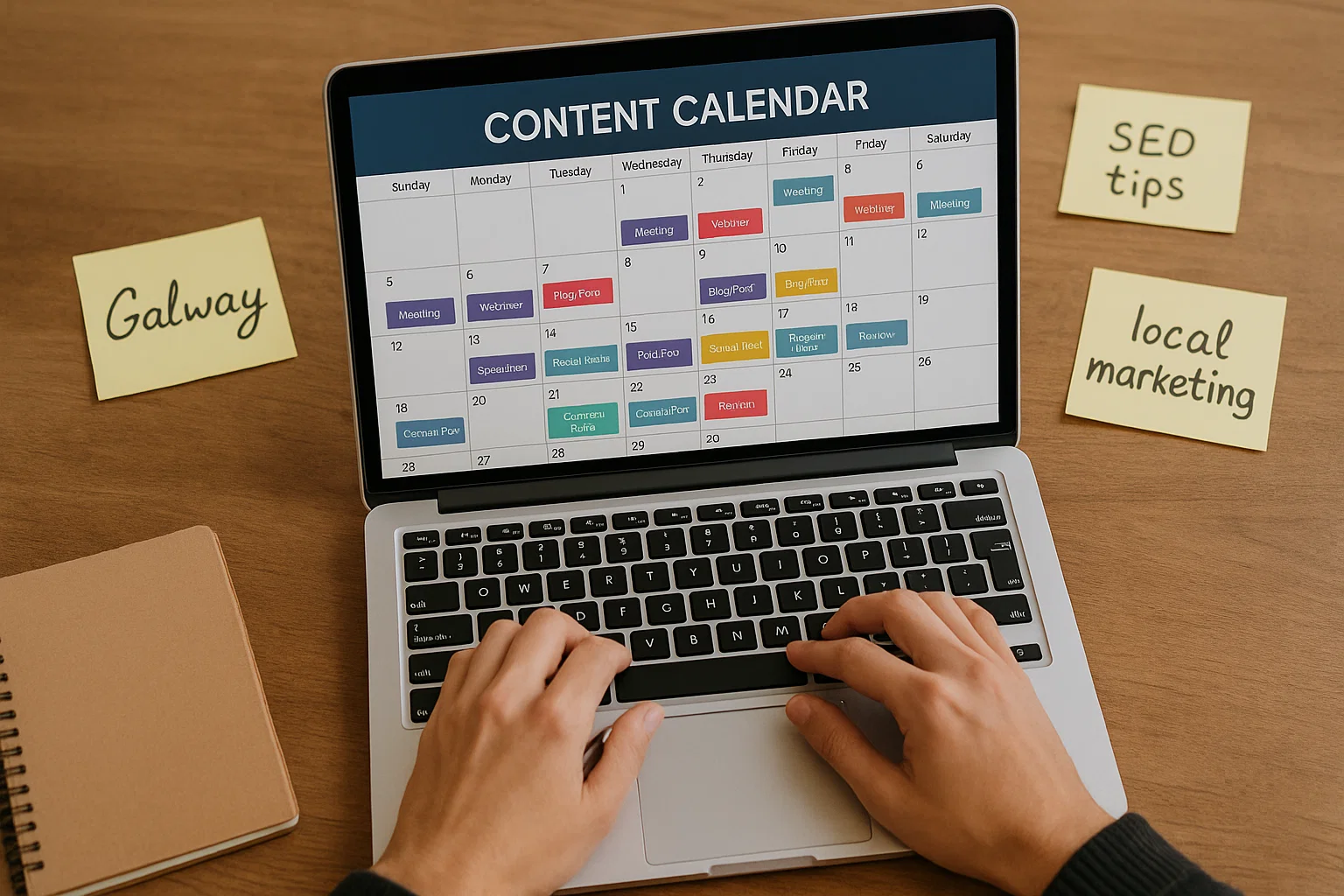 Person creating locally focused content for SEO with references to Galway and Ireland.