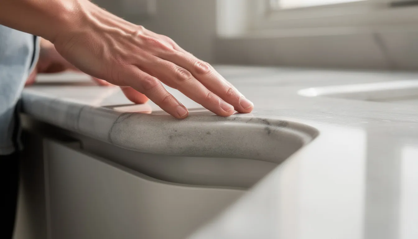 A close-up photograph captures hands gliding along the smooth, polished edge of a granite countertop, showcasing the intricate ogee edge profile. The image highlights the beauty and detail of the curved design, emphasizing the elegance of this popular countertop edge in contemporary kitchens.