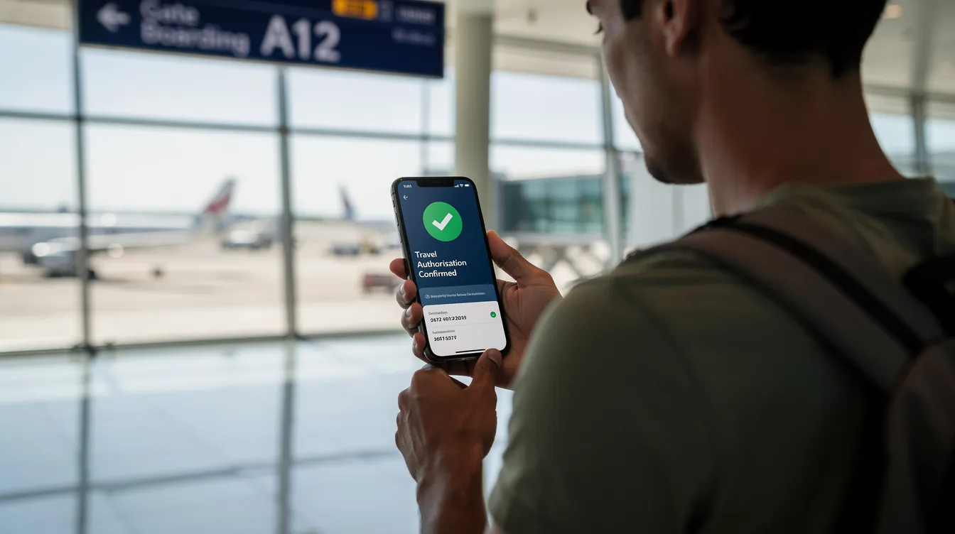 A person is standing at an airport gate, holding a smartphone that displays a travel authorization confirmation screen, indicating they have successfully obtained the necessary permission for their journey. This image highlights the importance of having the right visa, such as a UK visitor visa, for a smooth travel experience.