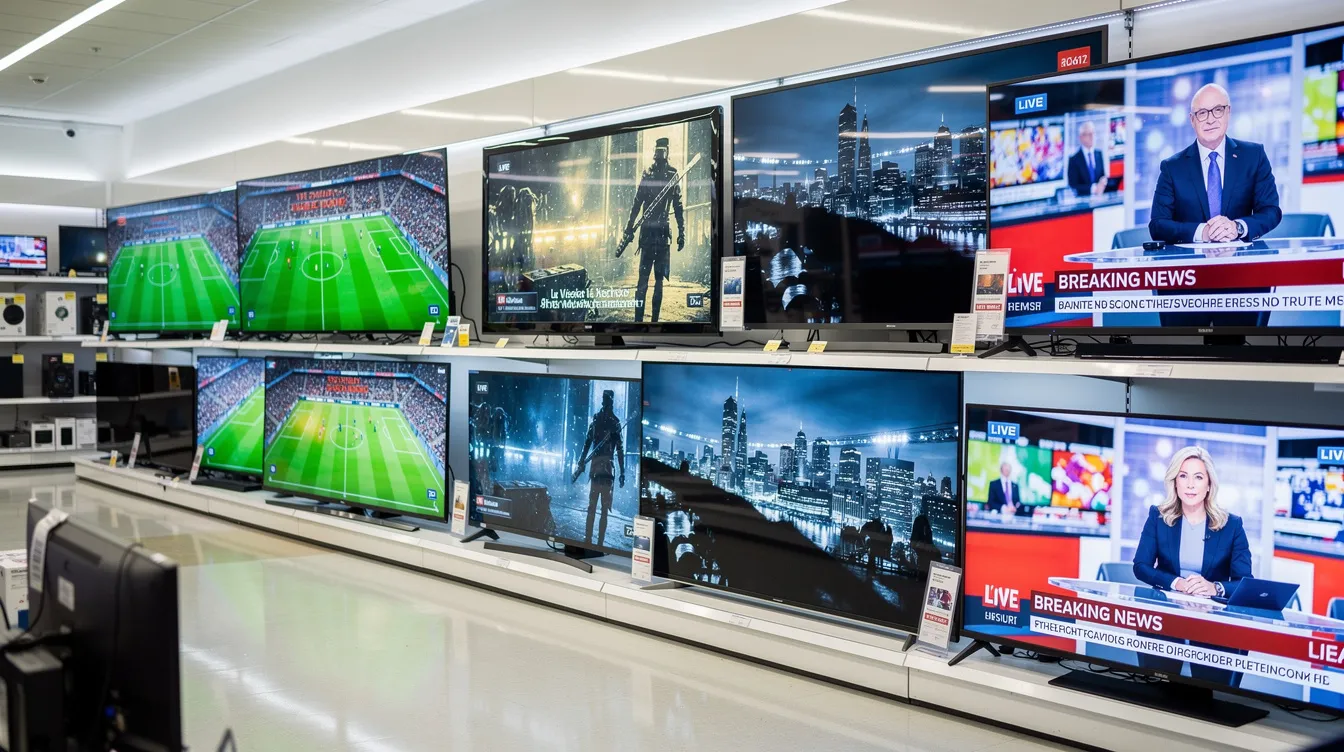 The image shows multiple television screens in a store, each displaying a variety of content such as sports, movies, and news broadcasts, highlighting the diverse offerings available from different IPTV service providers. This setup illustrates the options for viewers to watch live TV channels and on-demand content, catering to various interests and preferences.