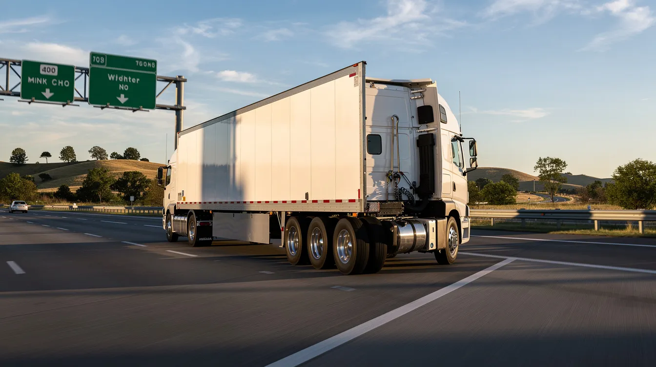A transport truck is seen driving along an interstate highway, showcasing the car shipping process. This vehicle is likely part of a reputable auto transport company, responsible for safely transporting cars to their specified delivery locations.