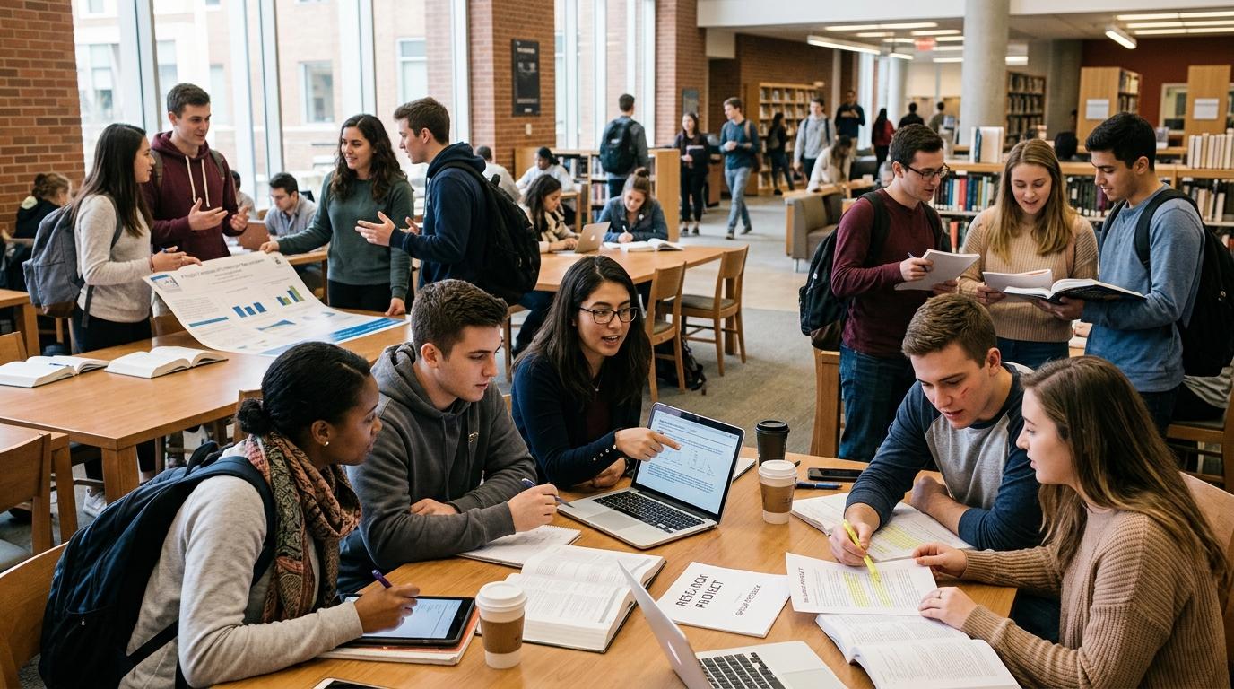 University students gathered in small groups exchanging ideas, reviewing each other's work, and collaborating on academic projects