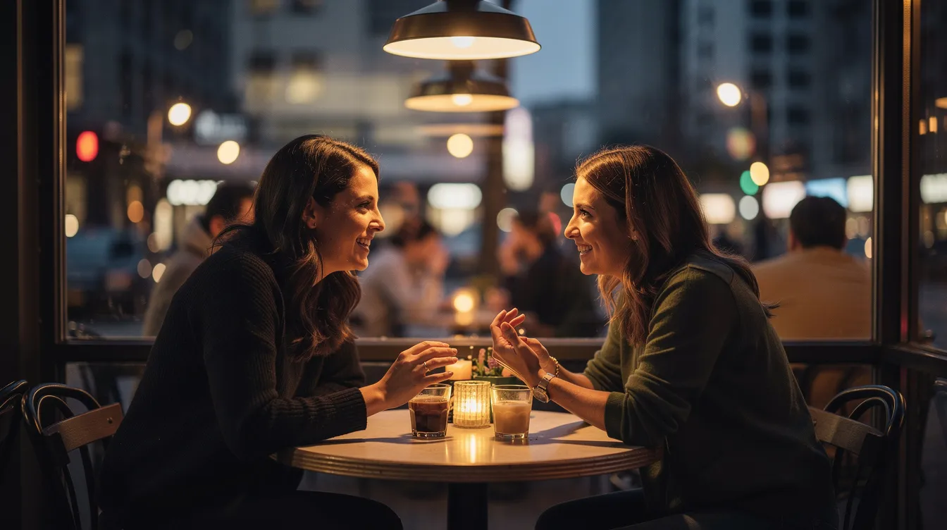 A couple sits across from each other at a cozy restaurant, engaged in a deep conversation about their past relationships and future goals, showcasing their mutual understanding and emotional availability. Their body language reflects a commitment to building a meaningful relationship, as they navigate the dating world with open communication and a focus on their core values.
