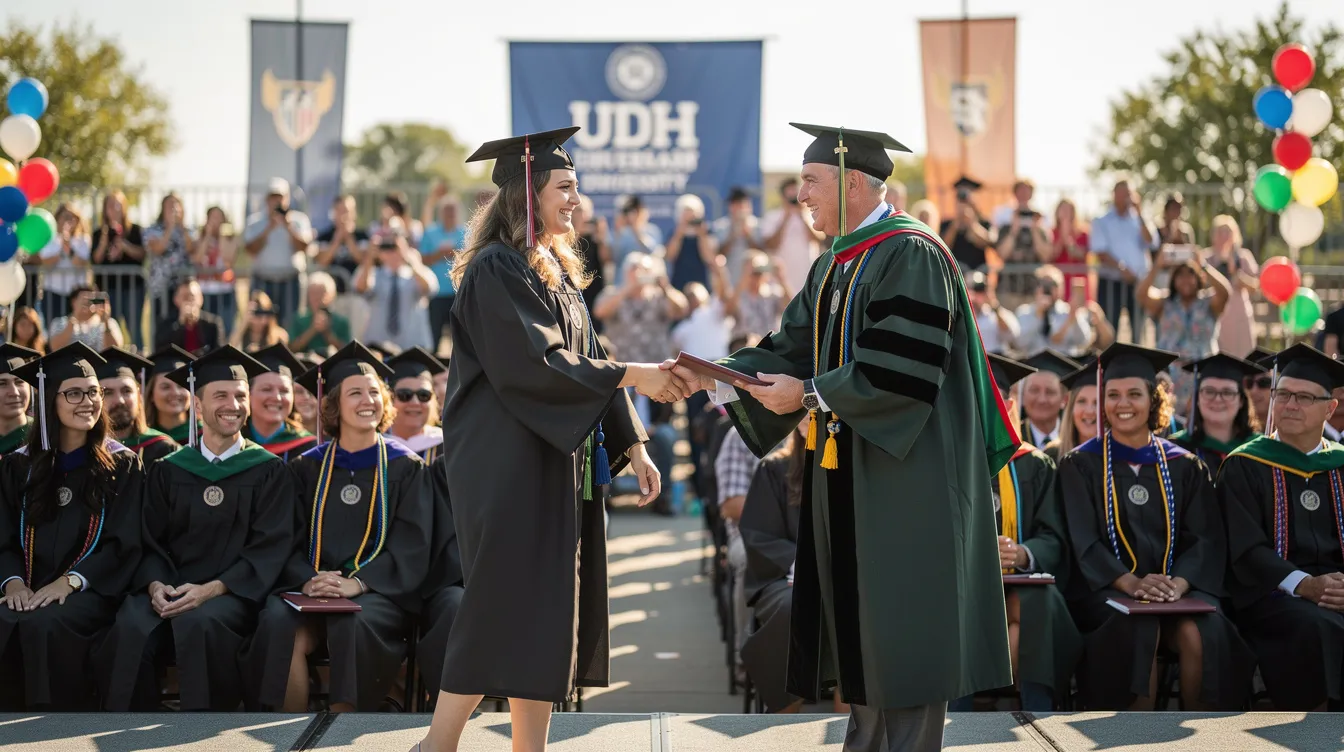 The image depicts a graduation ceremony where graduates, dressed in caps and gowns, are proudly receiving their diplomas. Some graduates are holding custom certificate holders to protect and present their awards, symbolizing their success and recognition.