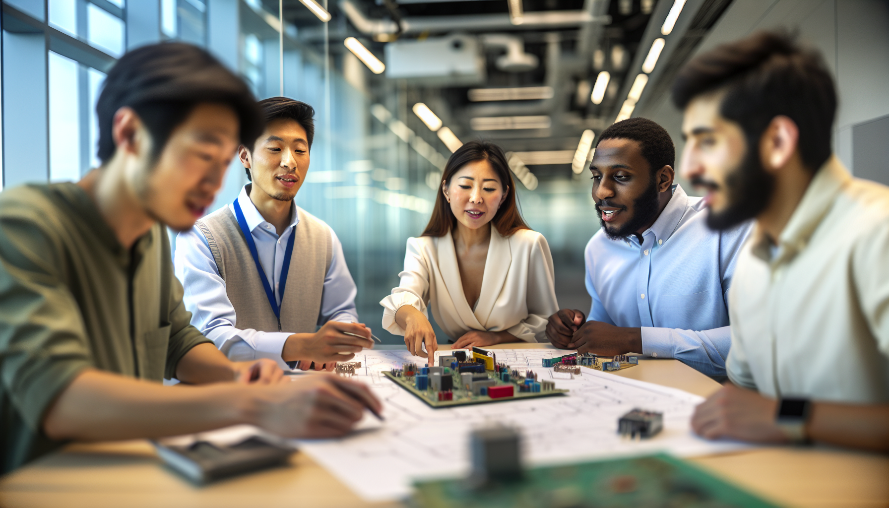 Diverse electrical engineering graduates in a professional setting