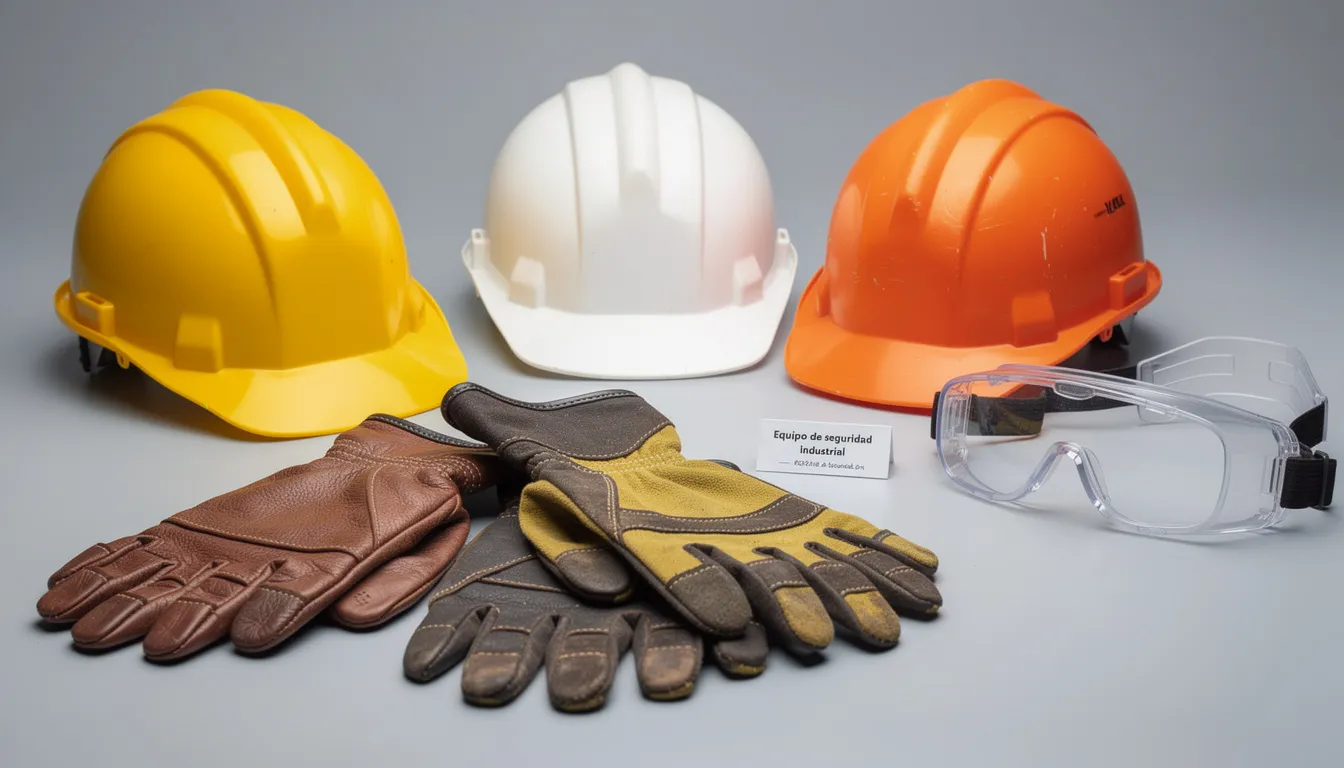 The image features essential industrial safety equipment, including hard hats, gloves, and protective goggles, highlighting their importance in preventing injuries at the workplace. This equipment is crucial for protecting workers from common injuries, such as head and neck injuries, in various industrial settings.