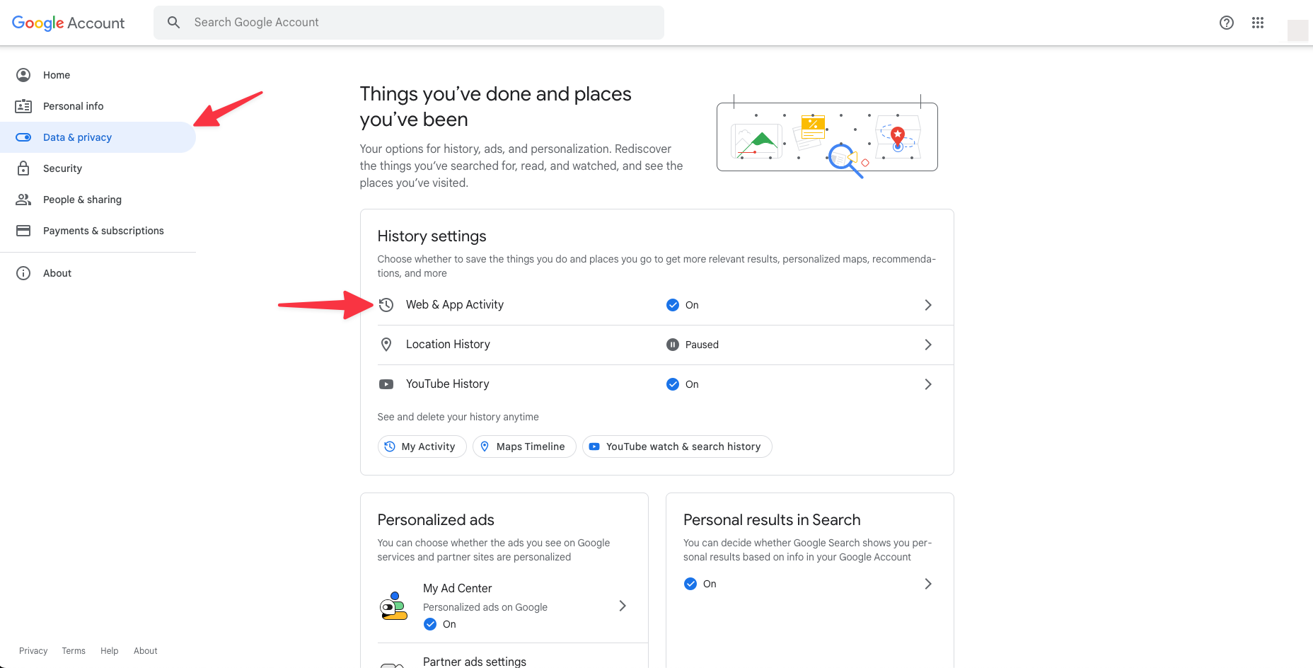 Remote.tools shows how to clear Google search history from your Google Account. Click on Data Privacy & then Web & App activity