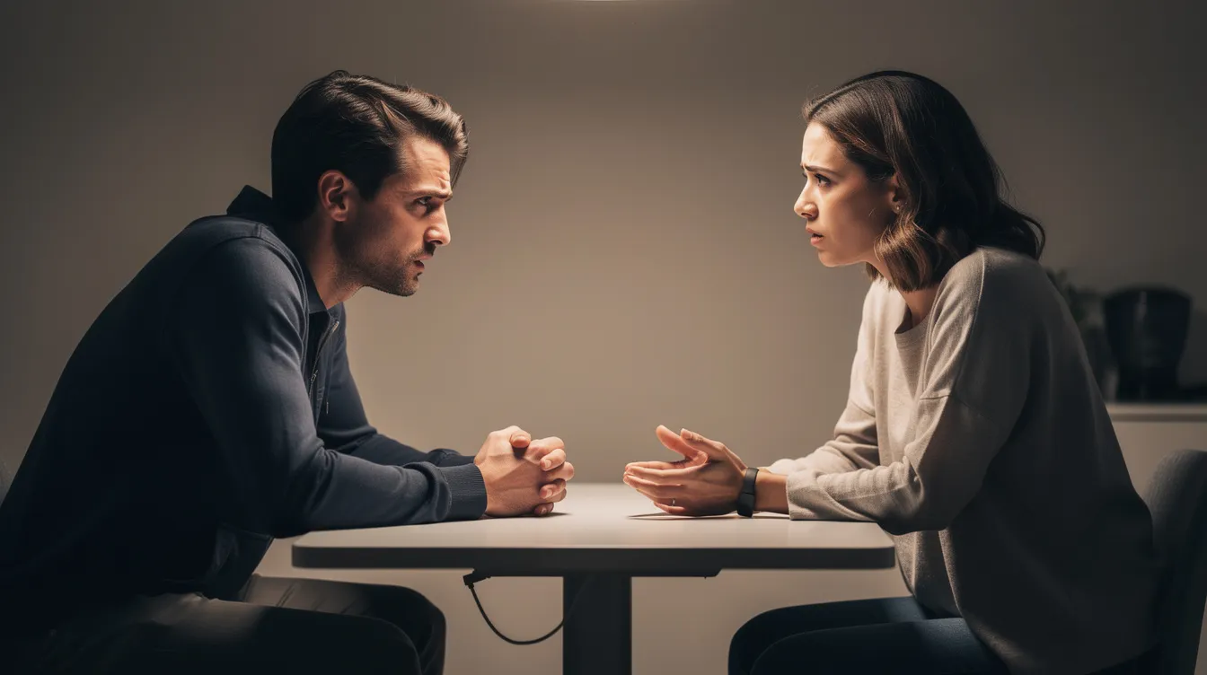 The image depicts two people engaged in a serious conversation across a table, likely discussing significant matters related to their relationship. This moment may involve the decision-making process surrounding divorce, highlighting the emotional connection and challenges faced in a marriage, as they consider seeking professional help or counseling for their situation.