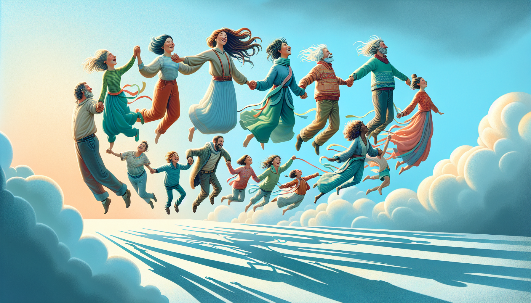A whimsical illustration of a group of people holding hands and floating in the sky, representing the concept of high-flying expressions