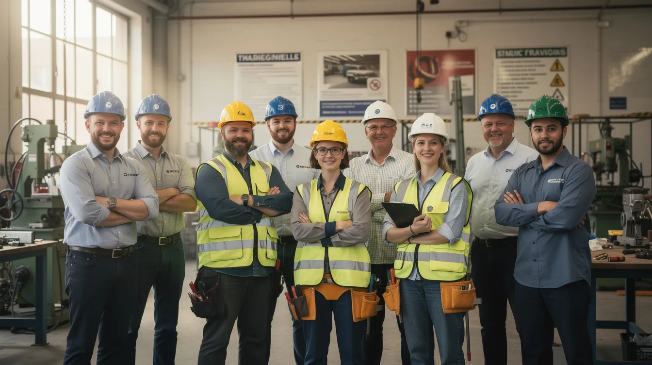A diverse group of apprentices and their supervisors stand together at a training facility, showcasing a dynamic learning environment that supports skill development through an apprenticeship program. This gathering highlights the collaborative effort in fostering apprentice progress and ensuring compliance with competency-based training standards.