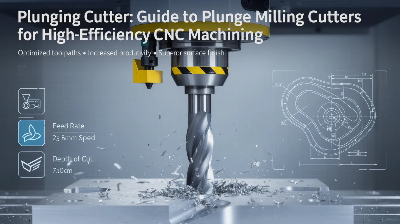 The image illustrates a variety of plunge milling cutters designed for high-efficiency CNC machining, showcasing their unique edges and inserts. It highlights the advantages of plunge cutting in non-ferrous materials, emphasizing the tool's effectiveness in creating deep holes with minimal vibration and optimal cutting forces.