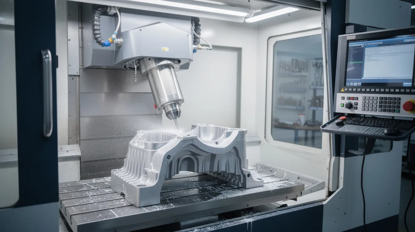 A 5-axis CNC milling machine is actively engaged in the manufacturing process, precisely machining an aerospace aluminum component with the spindle tilted at an angle. This advanced CNC technology allows for the production of complex geometries and high precision parts, showcasing the capabilities of modern CNC systems.