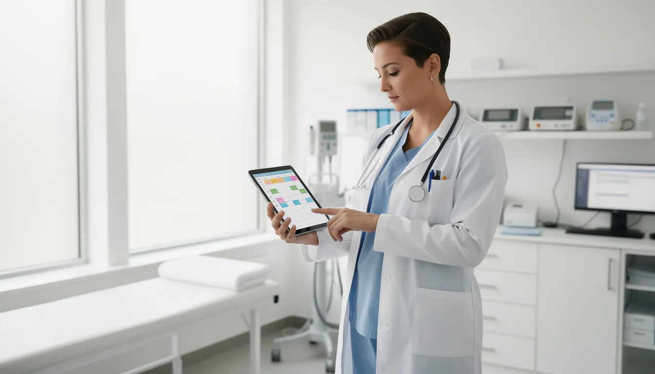 Un profesional de la salud revisa su calendario en una tableta digital en un consultorio moderno, utilizando esta herramienta para organizar citas y gestionar su agenda de pacientes. La imagen refleja un ambiente profesional y eficiente, donde se prioriza la atención y la calidad del servicio.