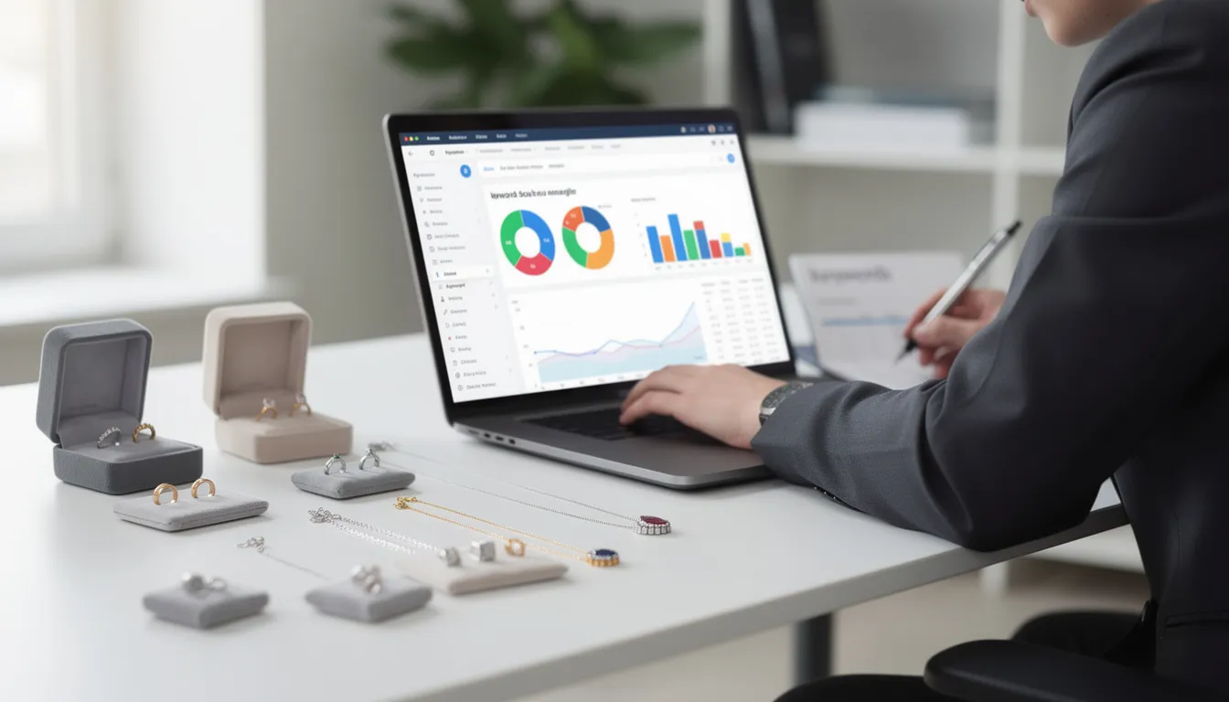 A person is seated at a laptop, analyzing keyword data for an effective international SEO strategy, while jewellery samples are scattered on the desk. The scene captures the blend of digital marketing efforts and tangible products, highlighting the importance of thorough market research to target international audiences.