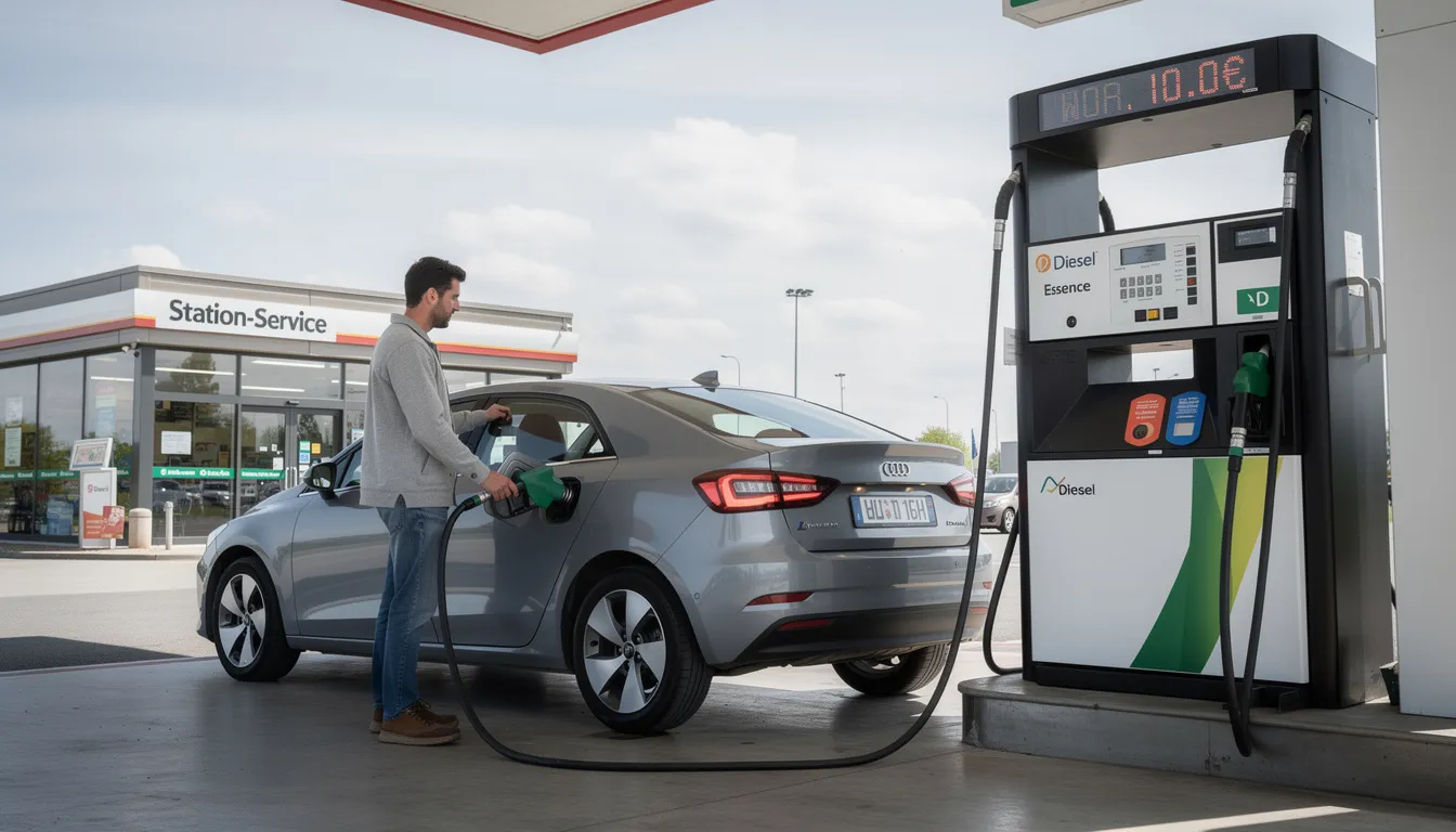 L'image montre une voiture de location stationnée à une station-service, avec un conducteur en train de faire le plein de carburant. On peut voir des pompes à essence et un environnement extérieur typique d'une station-service.
