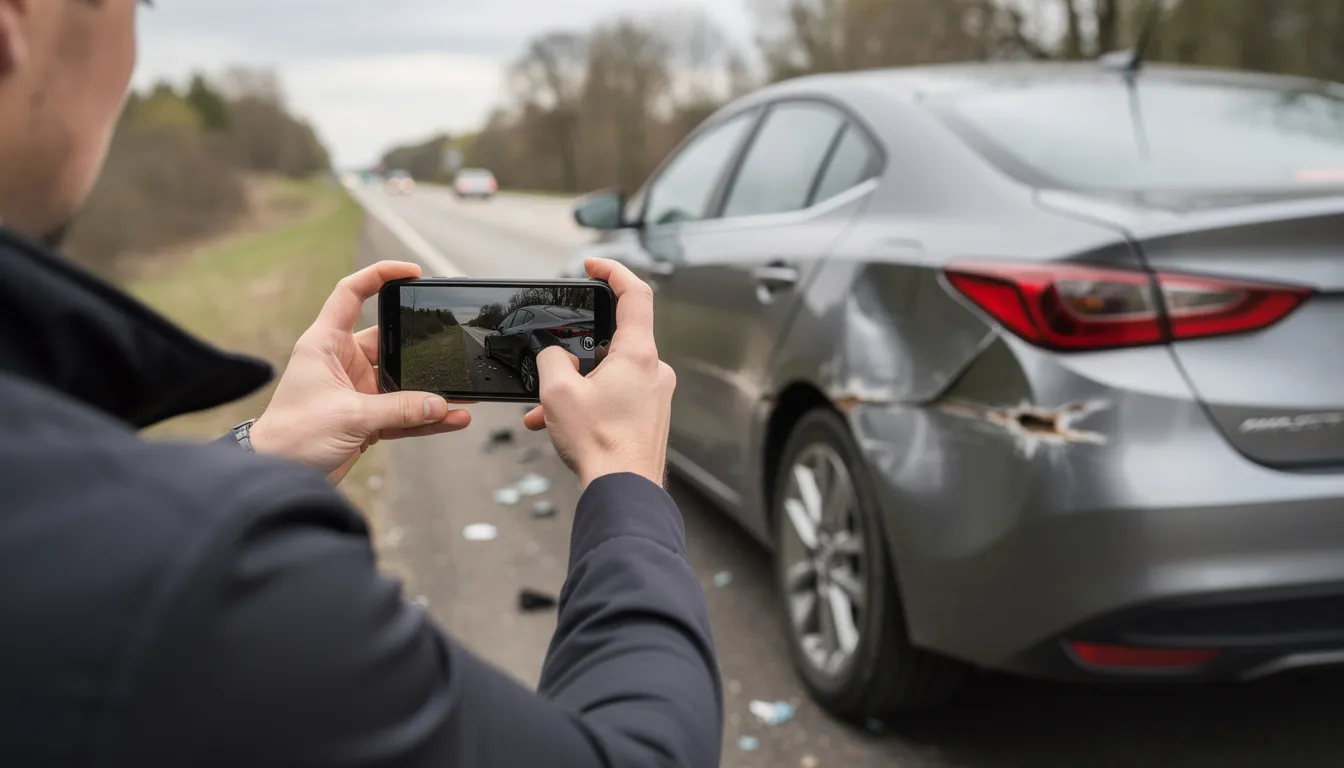 A person stands at the roadside, capturing images of vehicle damage with a smartphone after a car accident. This scene illustrates the importance of documenting the accident for a potential car accident claim, highlighting the need for legal representation in cases involving serious injuries.