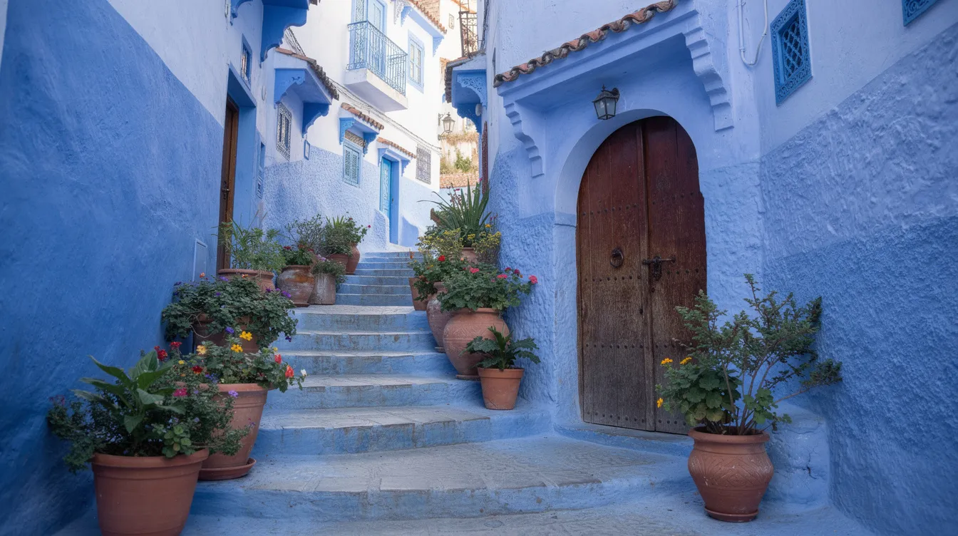 The image depicts a narrow, blue-washed alleyway in Chefchaouen, Morocco, adorned with vibrant potted plants and featuring a rustic wooden door. This picturesque scene captures the essence of the "blue city," showcasing its stunning architecture and inviting atmosphere, perfect for those looking to immerse themselves in the local culture during their trip to Morocco.