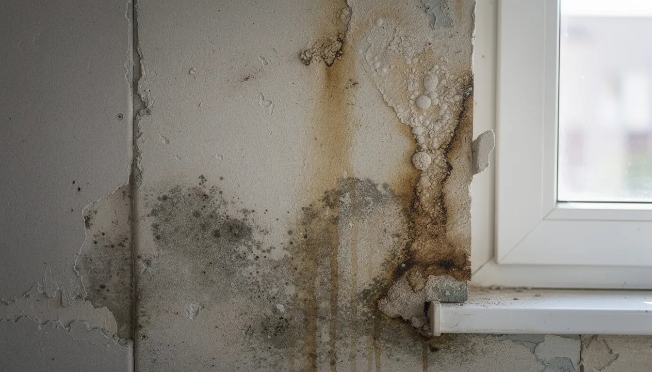 The image shows a close-up view of moisture damage and water staining on interior drywall near a window, indicating potential mold growth. This damage may require mold remediation services to address the mold problem and restore indoor air quality.