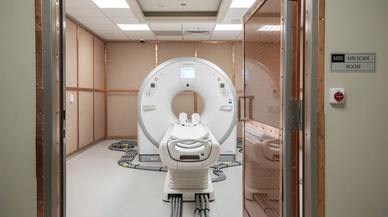a63029e4 d252 4256 ab98 a09565710e81 The image depicts an MRI machine situated within a well-shielded scan room of a clinical imaging facility, designed for thorough diagnostic check-ups. This advanced medical equipment is essential for various diagnostic procedures, including nervous system checkups, in a healthcare setting.