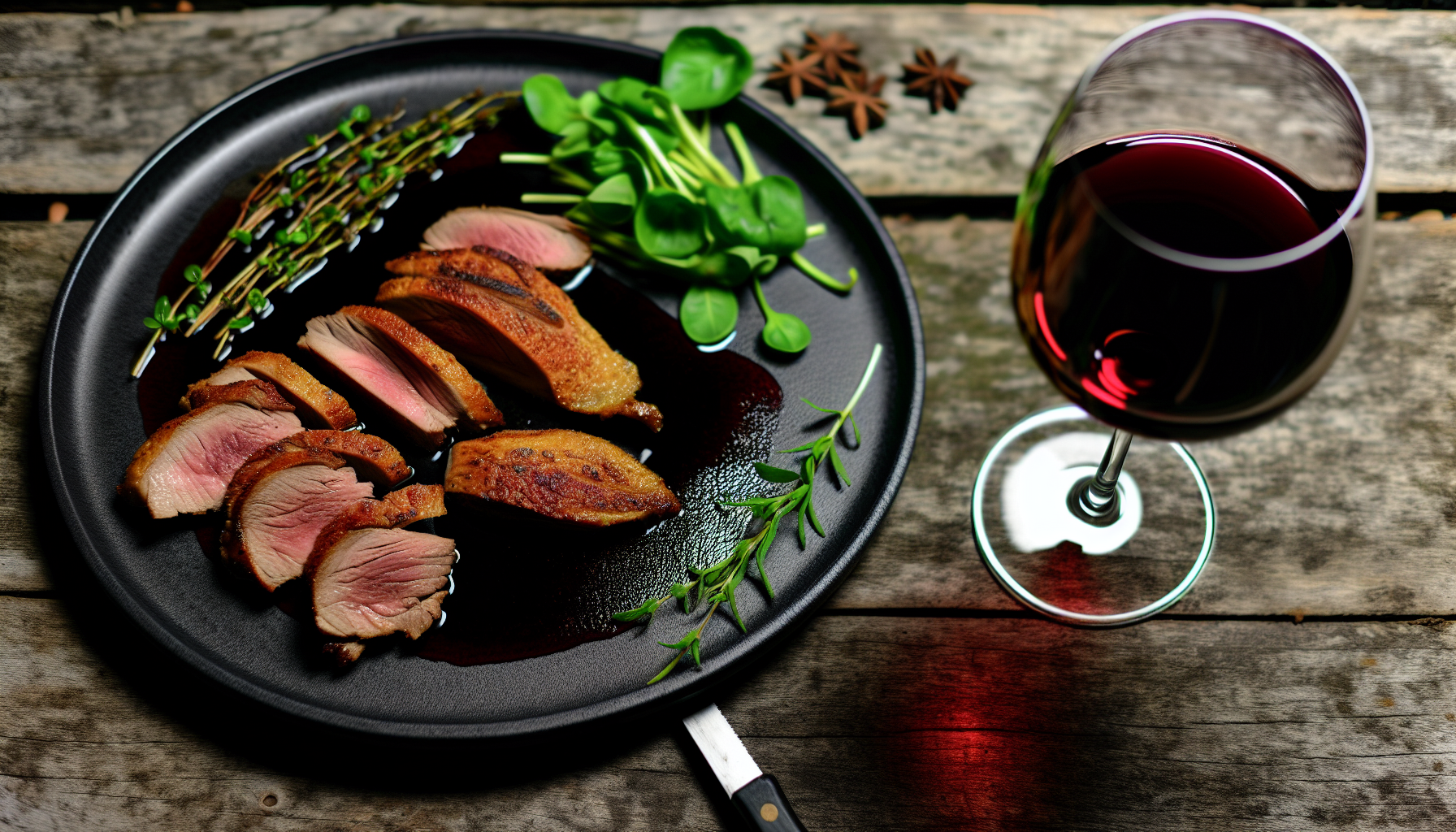 A plate of pan-fried duck breast with a glass of red wine