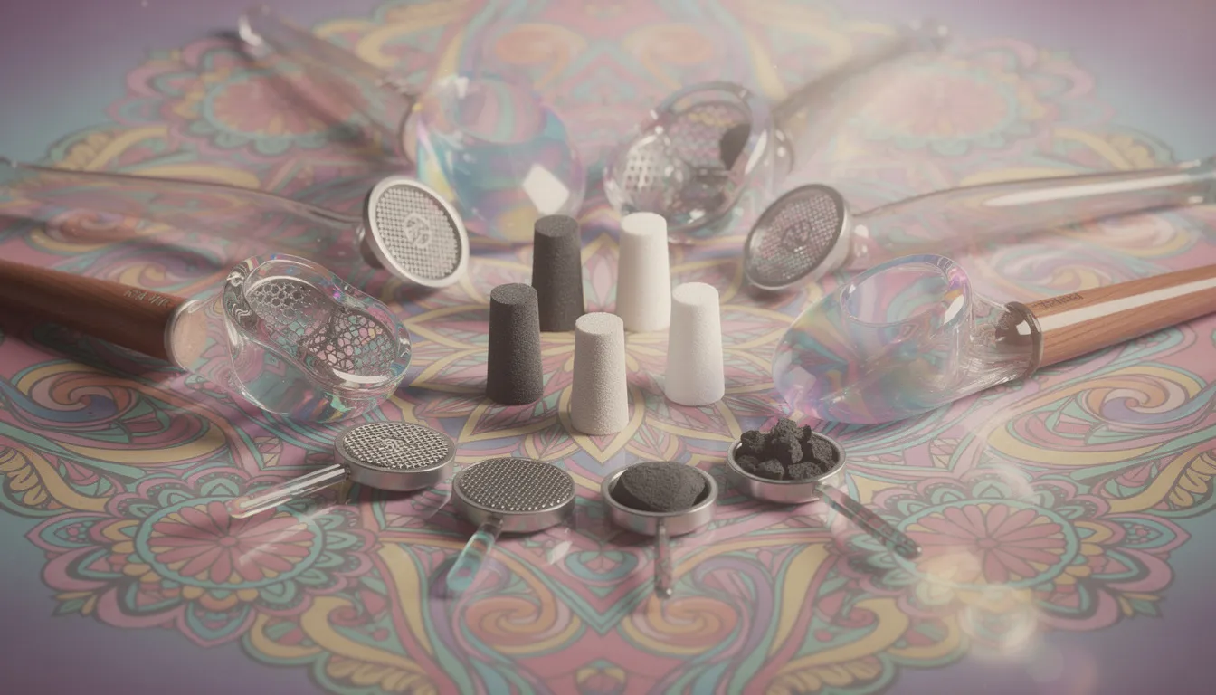 Zubehör für Cannabis-Pfeifen, einschließlich Siebe und Aktivkohlefilter.