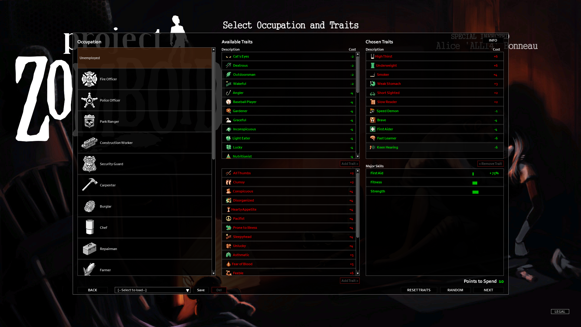 Added traits to the player's character. 