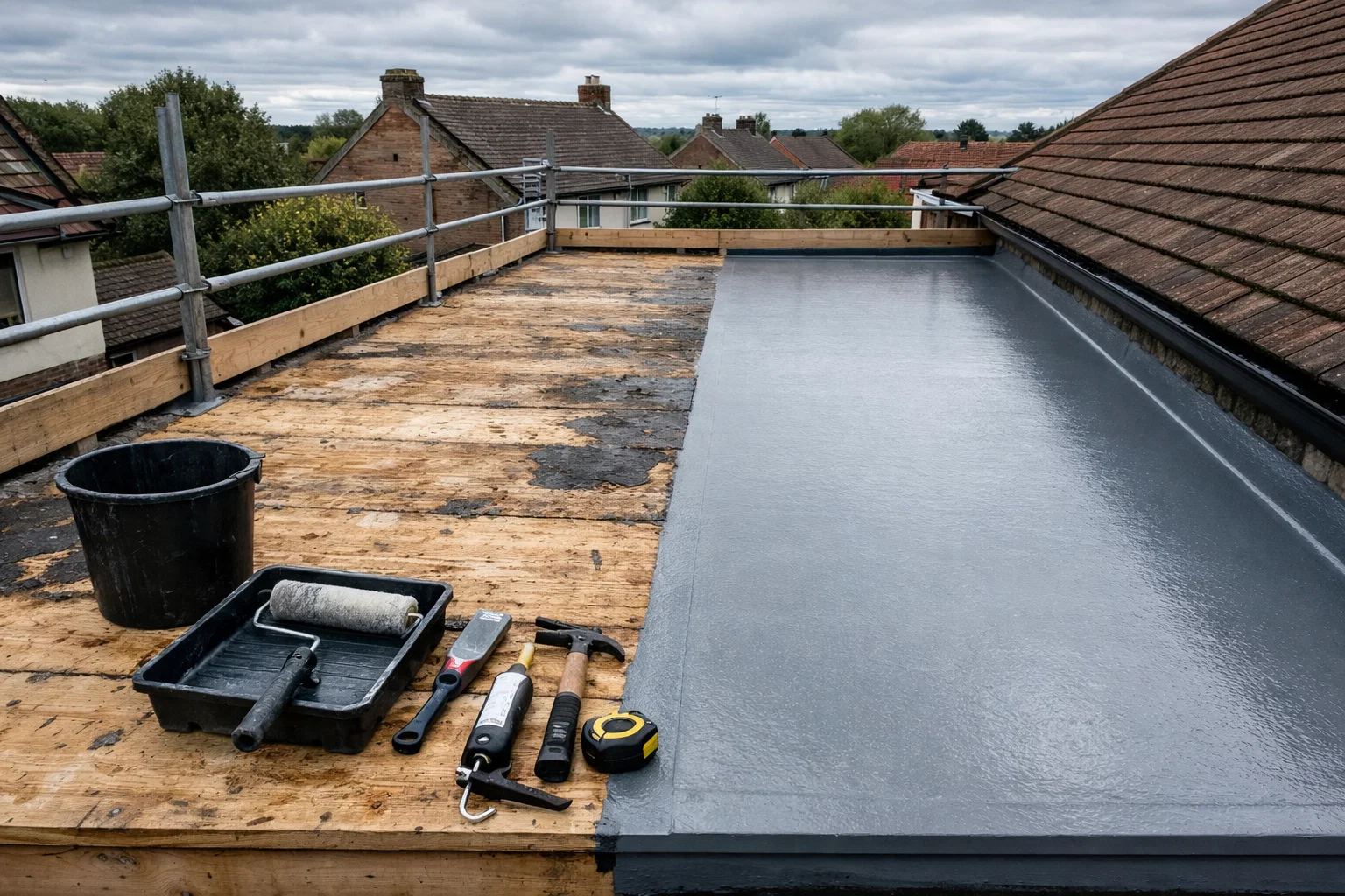 Partially prepared flat roof showing decking and completed GRP section during installation.