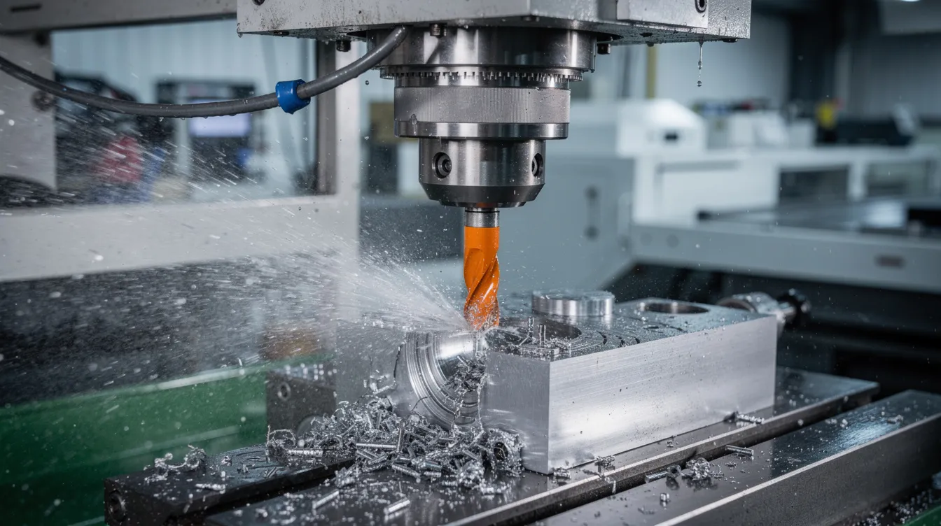 The image depicts a modern CNC machining center actively cutting a steel component, with a visible coolant spray being applied to maintain optimal temperatures during the process. This setup highlights the precision required for achieving tight tolerances and exact dimensions in steel fabrication, whether using hot rolled or cold rolled steel.