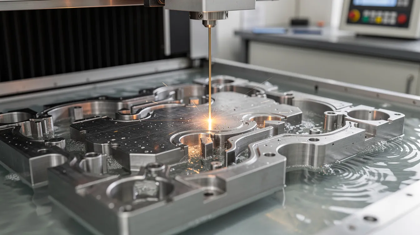 A wire EDM machine is actively cutting a complex steel die, with a thin wire clearly visible against the intricately shaped workpiece, showcasing the precision and capabilities of CNC technology in the manufacturing process. The setup highlights the advanced machinery used for metal fabrication and the intricate dimensional tasks involved in creating detailed designs.