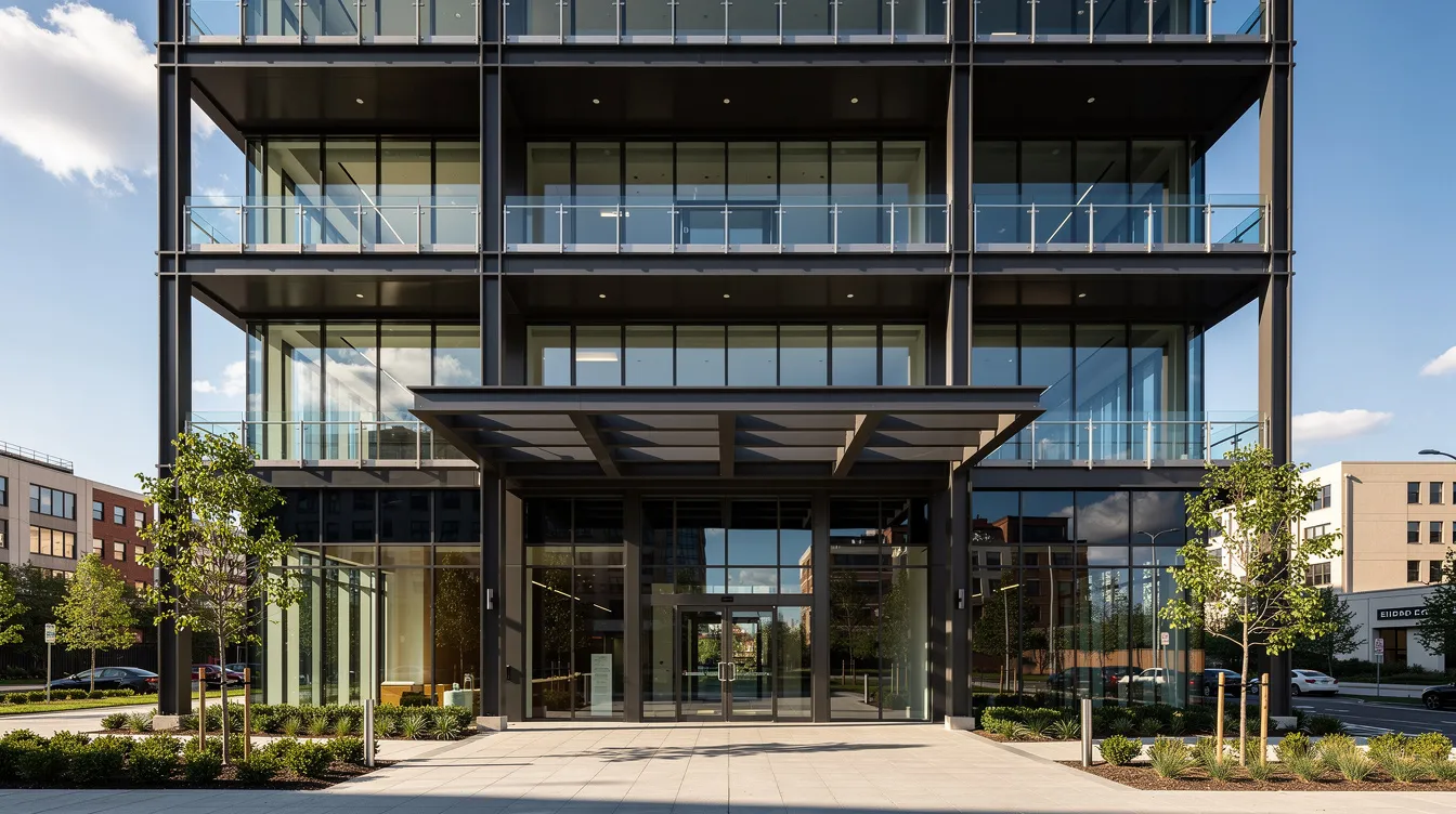 The image depicts a completed modern steel framed commercial building featuring sleek glass balustrades and a prominent steel canopy entrance, all set against a bright sunny day. This finished project highlights the durability and quality of steel frame construction, showcasing the innovative design and robust structures typical of the steel building industry in the UK.