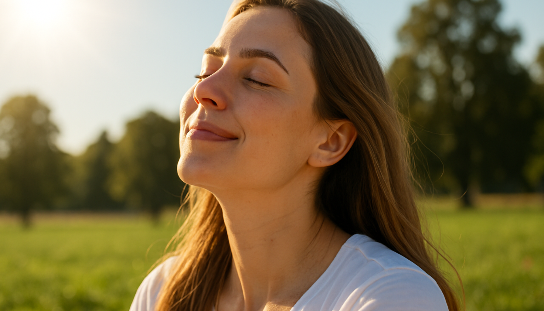 Ung kvinne nyter sollys utendørs på grønn eng, lukker øynene rolig og får naturlig vitamin D fra solen.