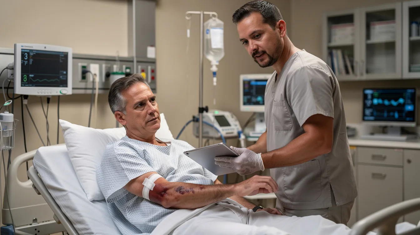An ultra-realistic photograph captures a doctor examining a patient's arm injury in a Phoenix emergency room, while reviewing notes on a tablet. The neutral hospital setting features medical equipment in the background, illustrating the importance of immediate medical attention for personal injury victims following an accident.