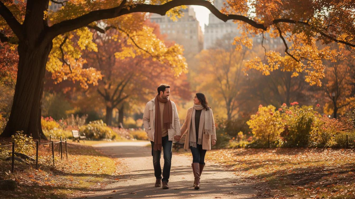 A couple strolls hand-in-hand through Central Park amidst the vibrant autumn foliage, with orange and yellow leaves creating a picturesque backdrop. This scene captures the essence of dating in New York City, where meaningful connections can blossom in the city's beautiful parks.