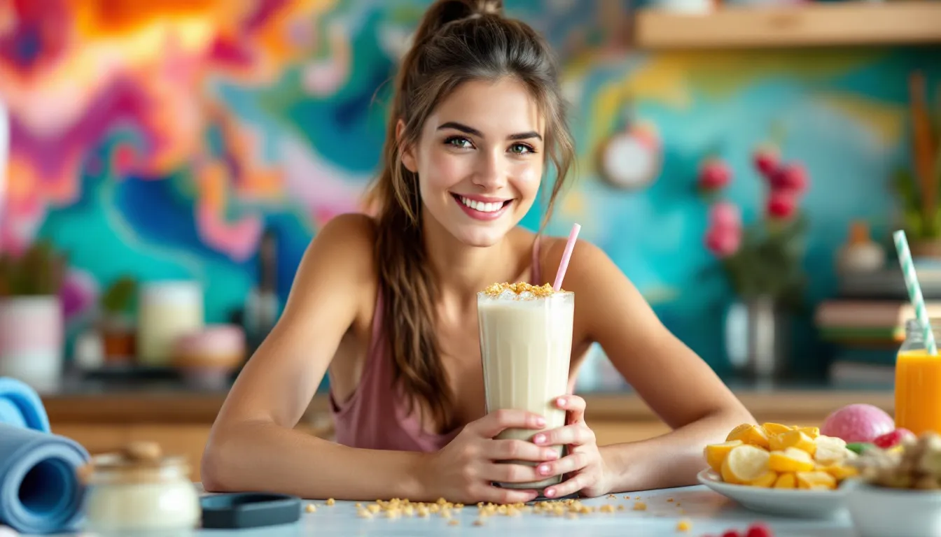 A person enjoying a protein shake, illustrating the benefits of whey protein without exercise.