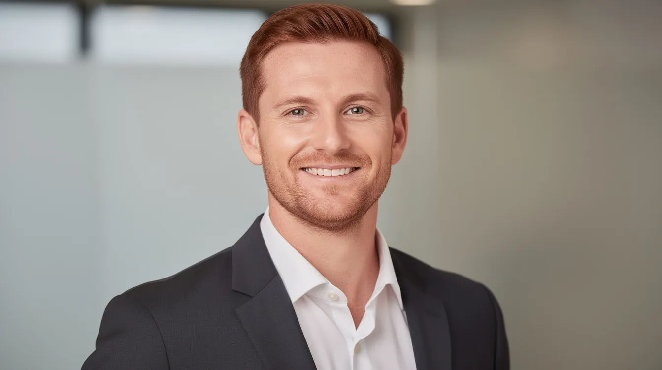 A professional headshot of a confident male real estate agent in his early-to-mid 30s, featuring brownish-red styled hair and light scruff, dressed in a dark tailored suit and crisp dress shirt. The neutral blurred background and soft studio lighting enhance his approachable smile, reflecting the welcoming atmosphere of Connecticut's communities, ideal for families seeking homes with excellent schools and outdoor space.