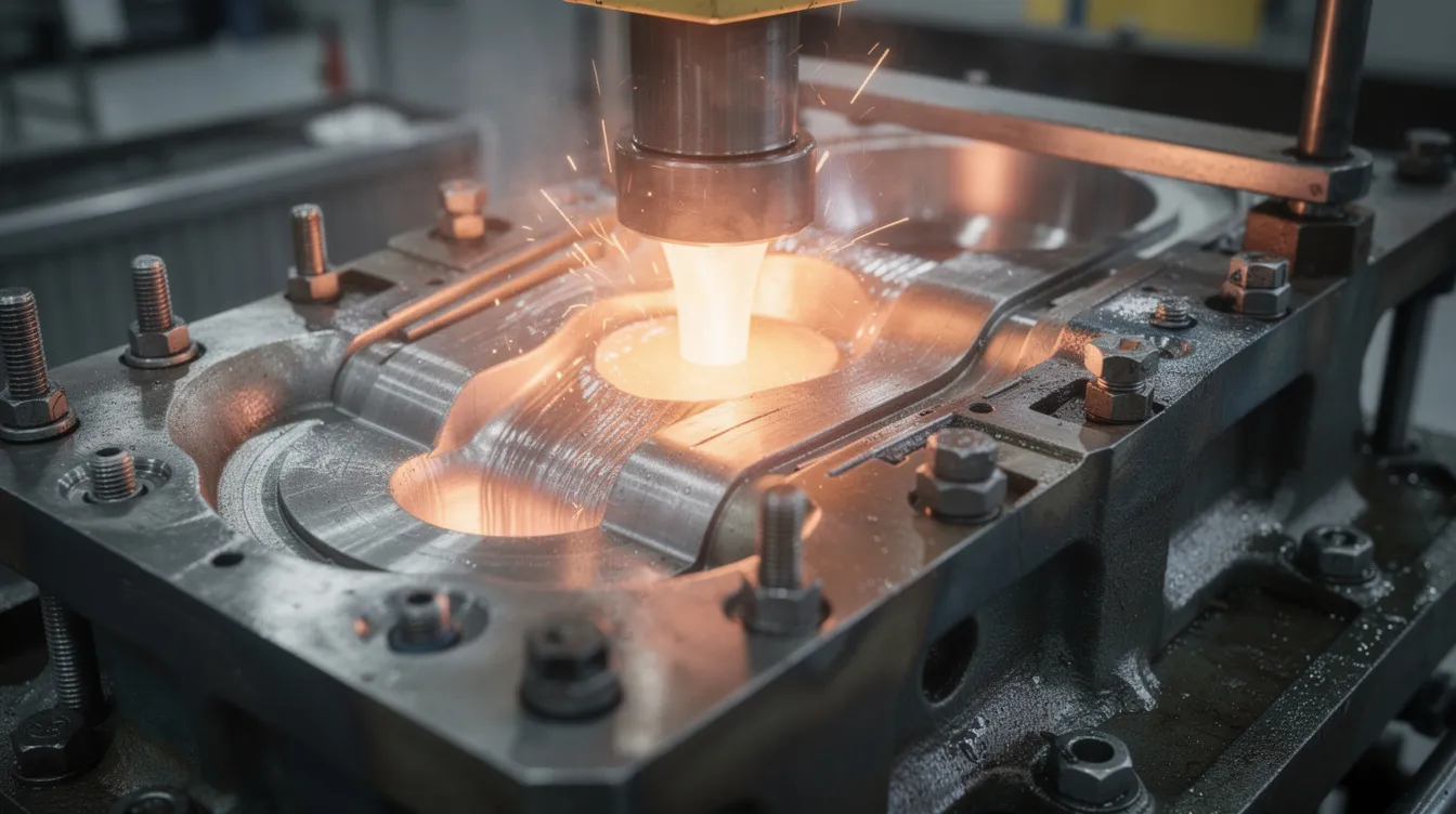 A close-up view of molten aluminum being injected into a steel die casting mold on an industrial casting machine, showcasing the die casting process that involves high pressure to create high precision die cast parts with intricate features and smooth surface finishes. The image highlights the complexity of the metal casting process, where the molten metal fills the die cavity, preparing to solidify into high-quality components.