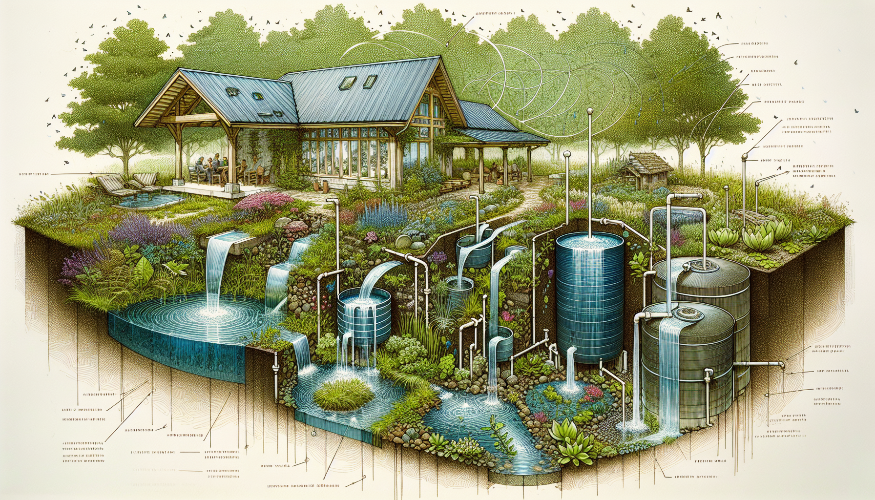 A drawing representing water supply and management in off grid living.