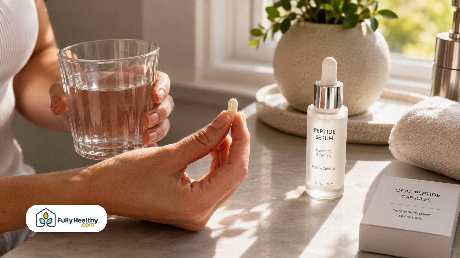 Person holding oral peptide capsule beside peptide serum in bright home setting